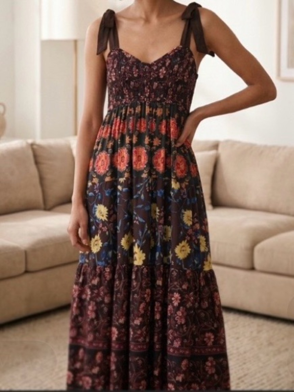 Bohemian Floral Tie-Shoulder Maxi Dress in Brown